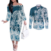 Polynesian Sea Turtle Couples Matching Off The Shoulder Long Sleeve Dress and Long Sleeve Button Shirts Tribal Blue LT6 Blue - Polynesian Pride