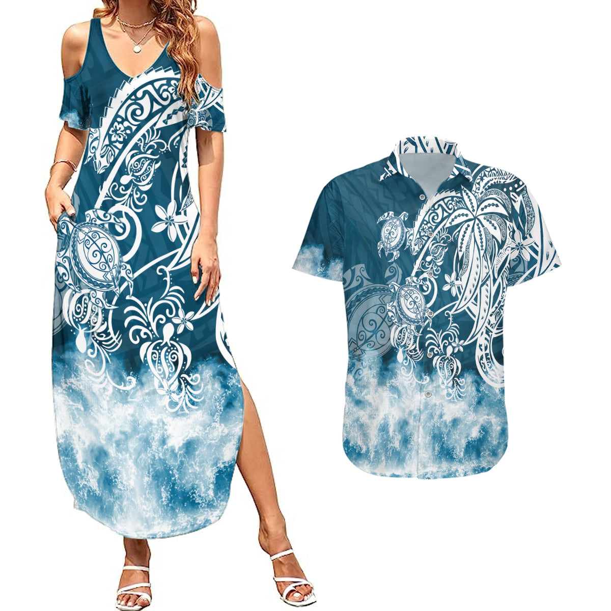 Polynesian Sea Turtle Couples Matching Summer Maxi Dress and Hawaiian Shirt Tribal Blue LT6 Blue - Polynesian Pride