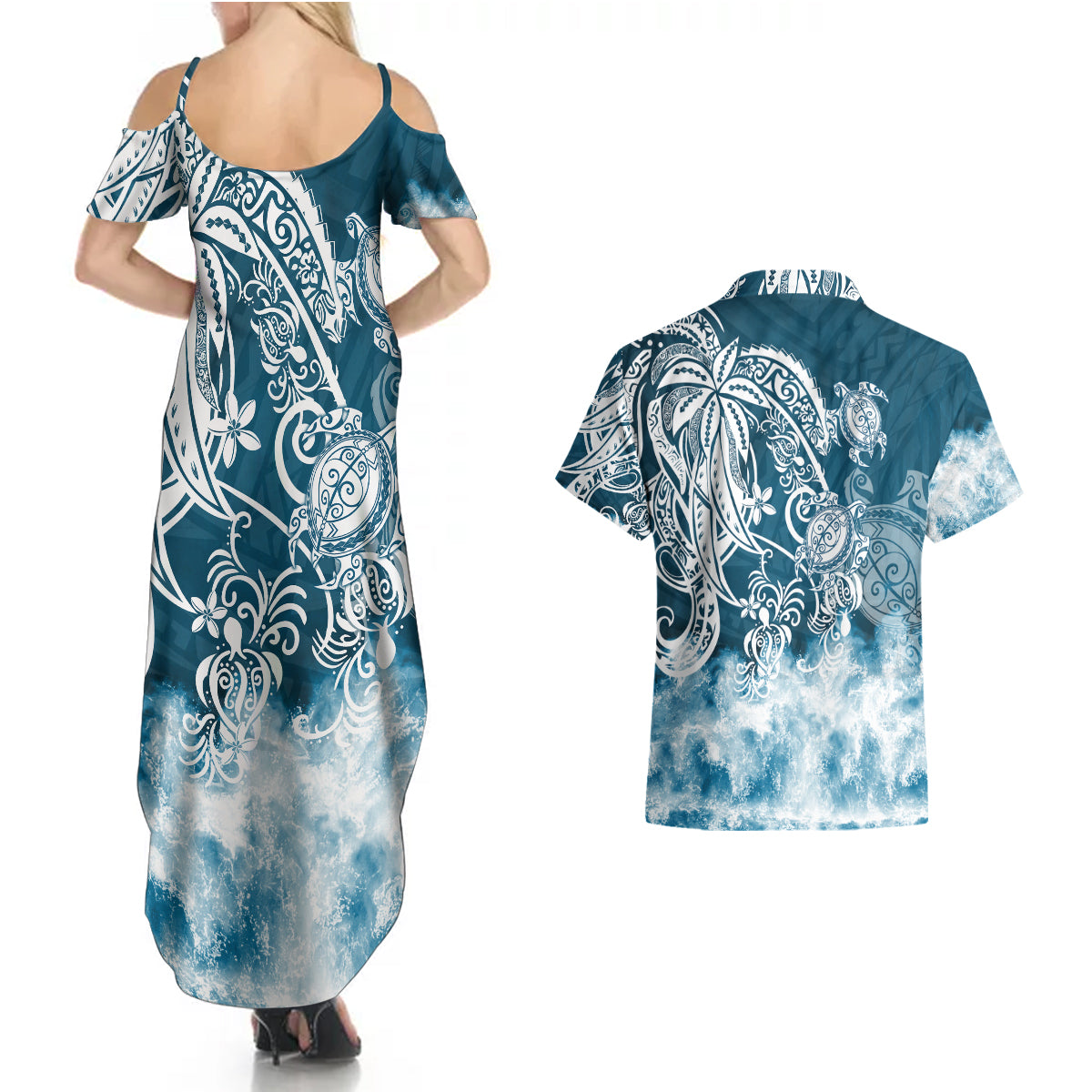 Polynesian Sea Turtle Couples Matching Summer Maxi Dress and Hawaiian Shirt Tribal Blue LT6 - Polynesian Pride