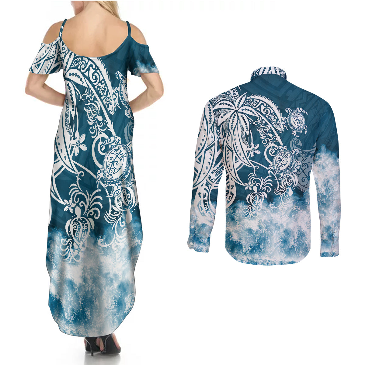 Polynesian Sea Turtle Couples Matching Summer Maxi Dress and Long Sleeve Button Shirts Tribal Blue LT6 - Polynesian Pride
