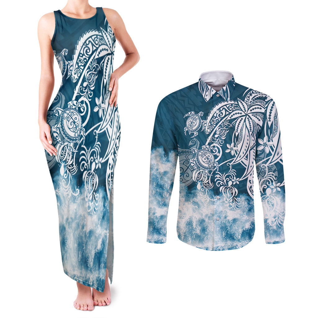 Polynesian Sea Turtle Couples Matching Tank Maxi Dress and Long Sleeve Button Shirts Tribal Blue LT6 Blue - Polynesian Pride