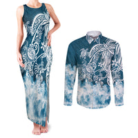 Polynesian Sea Turtle Couples Matching Tank Maxi Dress and Long Sleeve Button Shirts Tribal Blue LT6 Blue - Polynesian Pride