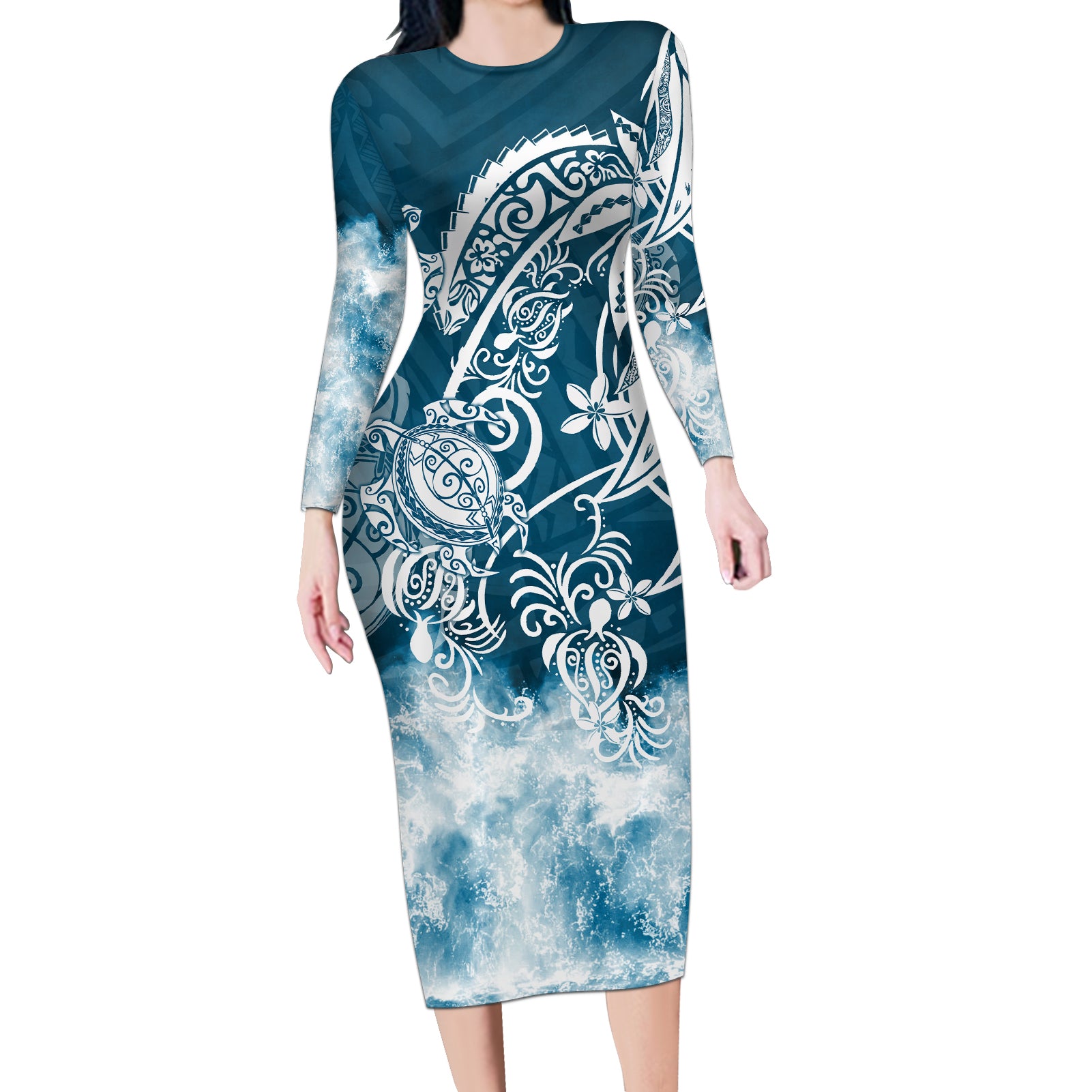 Polynesian Sea Turtle Long Sleeve Bodycon Dress Tribal Blue LT6 Long Dress Blue - Polynesian Pride