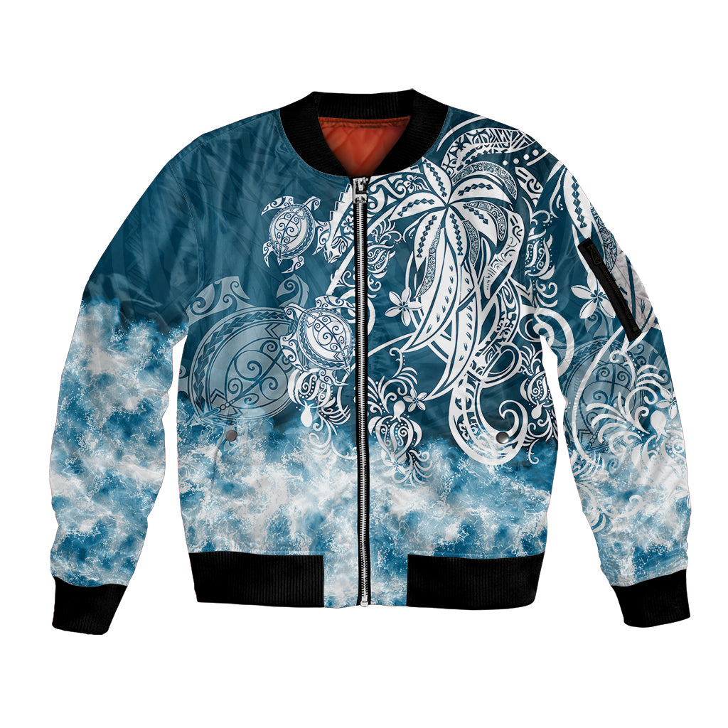 Polynesian Sea Turtle Sleeve Zip Bomber Jacket Tribal Blue LT6 Unisex Blue - Polynesian Pride