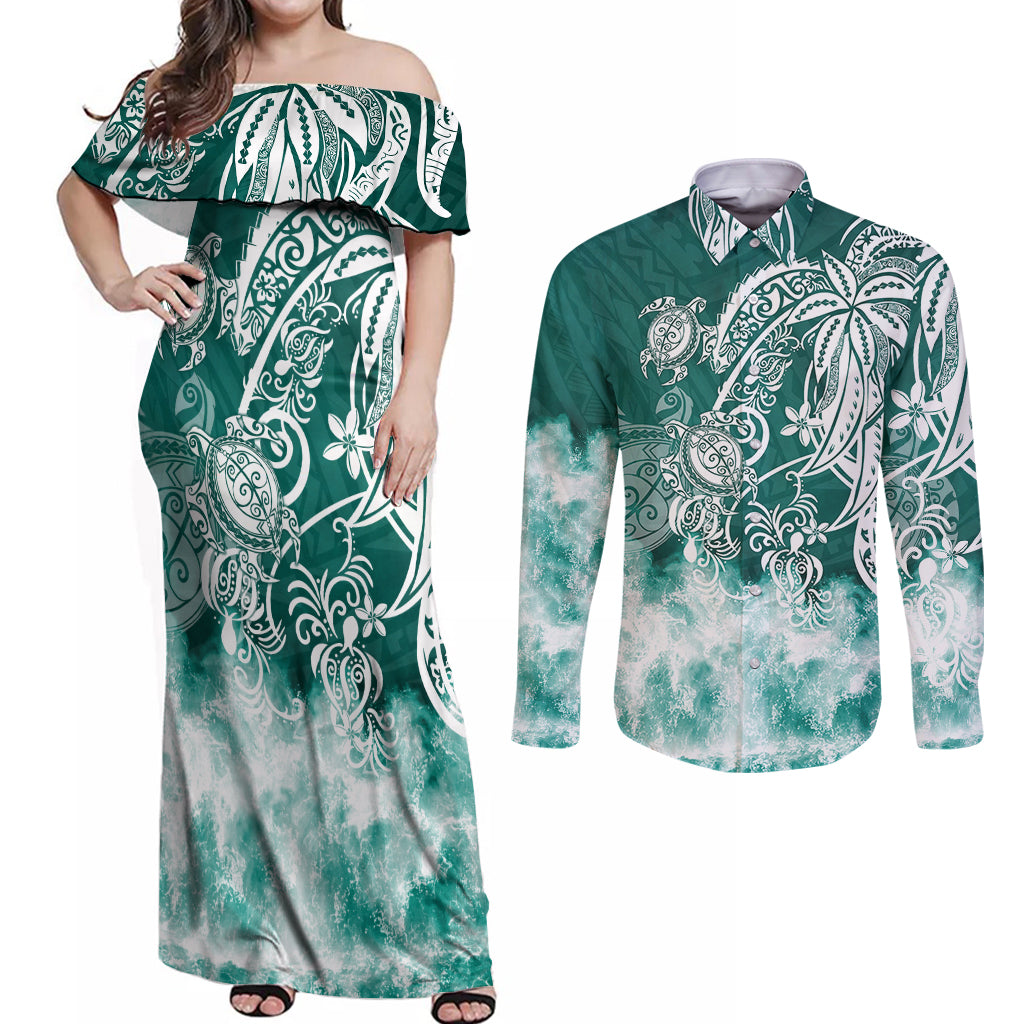Polynesian Sea Turtle Couples Matching Off Shoulder Maxi Dress and Long Sleeve Button Shirts Tribal Green LT6 Green - Polynesian Pride