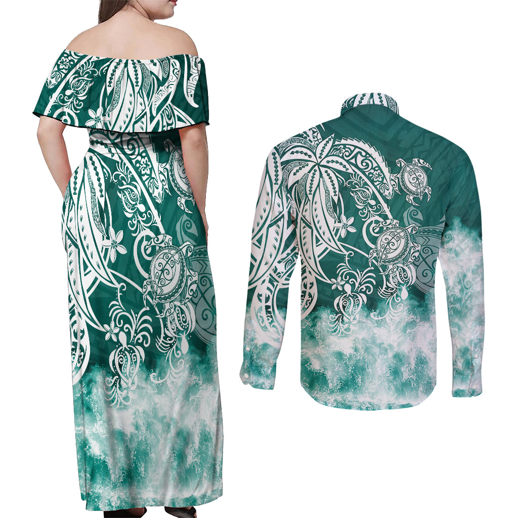 Polynesian Sea Turtle Couples Matching Off Shoulder Maxi Dress and Long Sleeve Button Shirts Tribal Green LT6 - Polynesian Pride