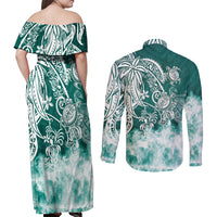 Polynesian Sea Turtle Couples Matching Off Shoulder Maxi Dress and Long Sleeve Button Shirts Tribal Green LT6 - Polynesian Pride