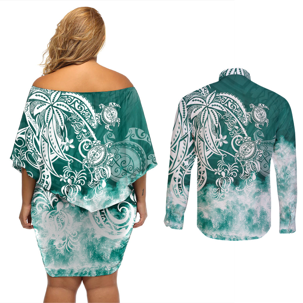 Polynesian Sea Turtle Couples Matching Off Shoulder Short Dress and Long Sleeve Button Shirts Tribal Green LT6 - Polynesian Pride