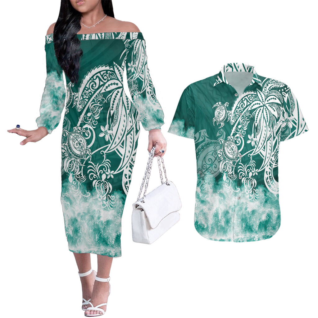 Polynesian Sea Turtle Couples Matching Off The Shoulder Long Sleeve Dress and Hawaiian Shirt Tribal Green LT6 Green - Polynesian Pride