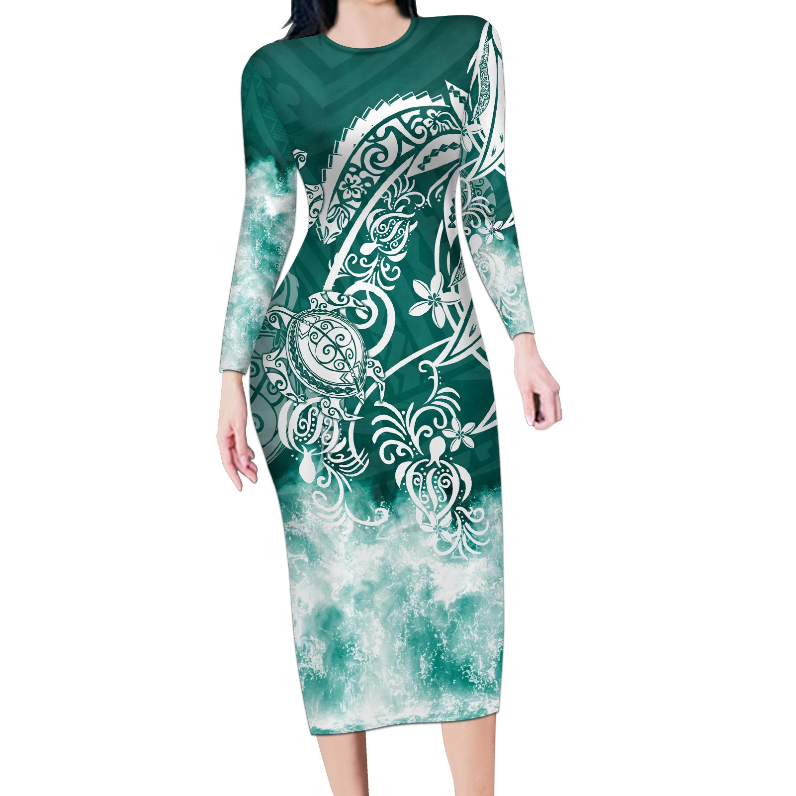 Polynesian Sea Turtle Long Sleeve Bodycon Dress Tribal Green LT6 Long Dress Green - Polynesian Pride