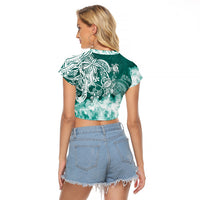 Polynesian Sea Turtle Raglan Cropped T Shirt Tribal Green LT6 - Polynesian Pride