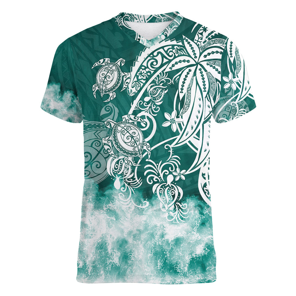 Polynesian Sea Turtle Women V Neck T Shirt Tribal Green LT6 Female Green - Polynesian Pride