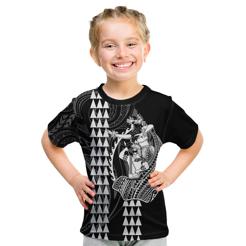 Polynesian Kid T Shirt Hawaiian Warrior and Aloha Girl With Hammerhead Shark Tattoos White LT6 White - Polynesian Pride