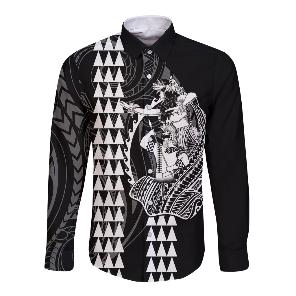 Polynesian Long Sleeve Button Shirt Hawaiian Warrior and Aloha Girl With Hammerhead Shark Tattoos White LT6 Unisex White - Polynesian Pride