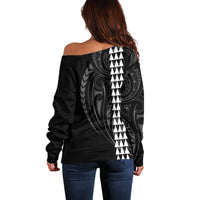 Polynesian Off Shoulder Sweater Hawaiian Warrior and Aloha Girl With Hammerhead Shark Tattoos White LT6 - Polynesian Pride