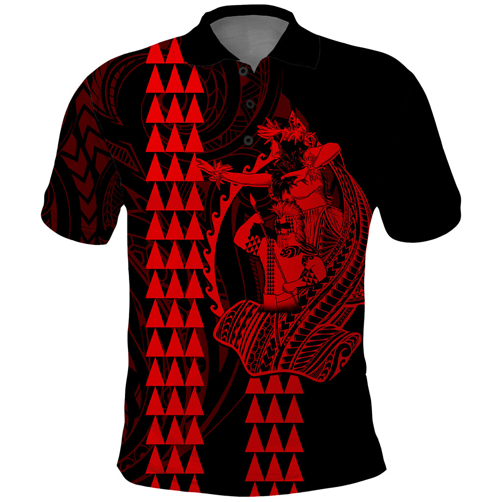 Polynesian Polo Shirt Hawaiian Warrior and Aloha Girl With Hammerhead Shark Tattoos Red LT6 Red - Polynesian Pride