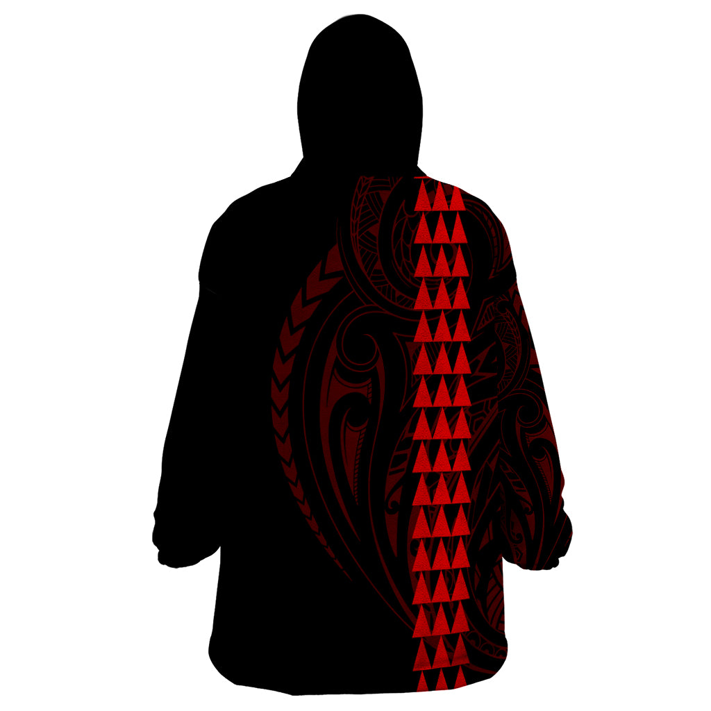 Polynesian Wearable Blanket Hoodie Hawaiian Warrior and Aloha Girl With Hammerhead Shark Tattoos Red LT6 - Polynesian Pride