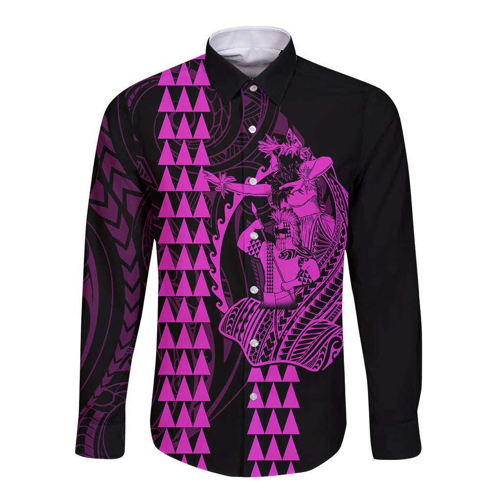 Polynesian Long Sleeve Button Shirt Hawaiian Warrior and Aloha Girl With Hammerhead Shark Tattoos Purple LT6 Unisex Purple - Polynesian Pride