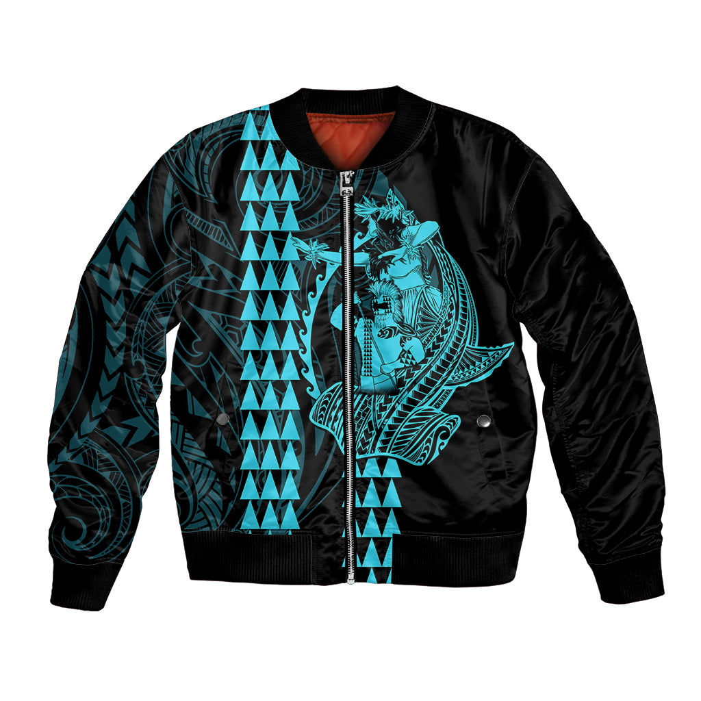 Polynesian Bomber Jacket Hawaiian Warrior and Aloha Girl With Hammerhead Shark Tattoos Light Blue LT6 Unisex Blue - Polynesian Pride