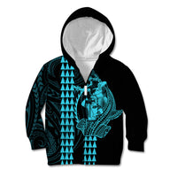 Polynesian Kid Hoodie Hawaiian Warrior and Aloha Girl With Hammerhead Shark Tattoos Light Blue LT6 Zip Hoodie Blue - Polynesian Pride