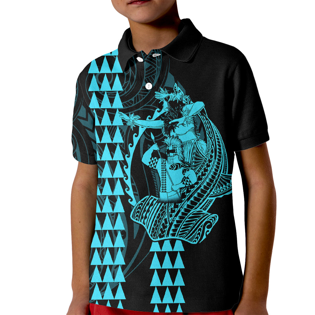 Polynesian Kid Polo Shirt Hawaiian Warrior and Aloha Girl With Hammerhead Shark Tattoos Light Blue LT6 Kid Blue - Polynesian Pride