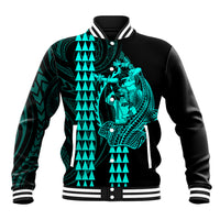 Polynesian Baseball Jacket Hawaiian Warrior and Aloha Girl With Hammerhead Shark Tattoos Turquoise LT6 Unisex Green - Polynesian Pride