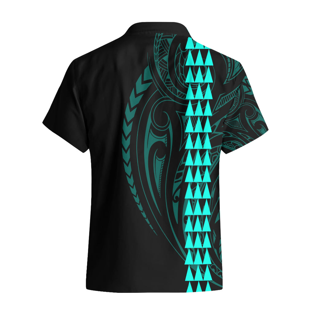 Polynesian Hawaiian Shirt Hawaiian Warrior and Aloha Girl With Hammerhead Shark Tattoos Turquoise LT6 - Polynesian Pride