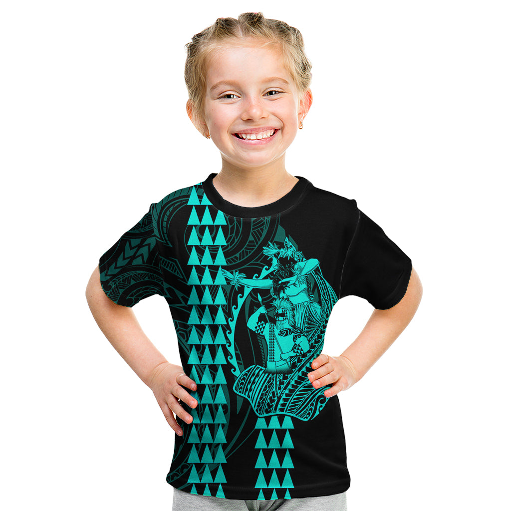 Polynesian Kid T Shirt Hawaiian Warrior and Aloha Girl With Hammerhead Shark Tattoos Turquoise LT6 Green - Polynesian Pride