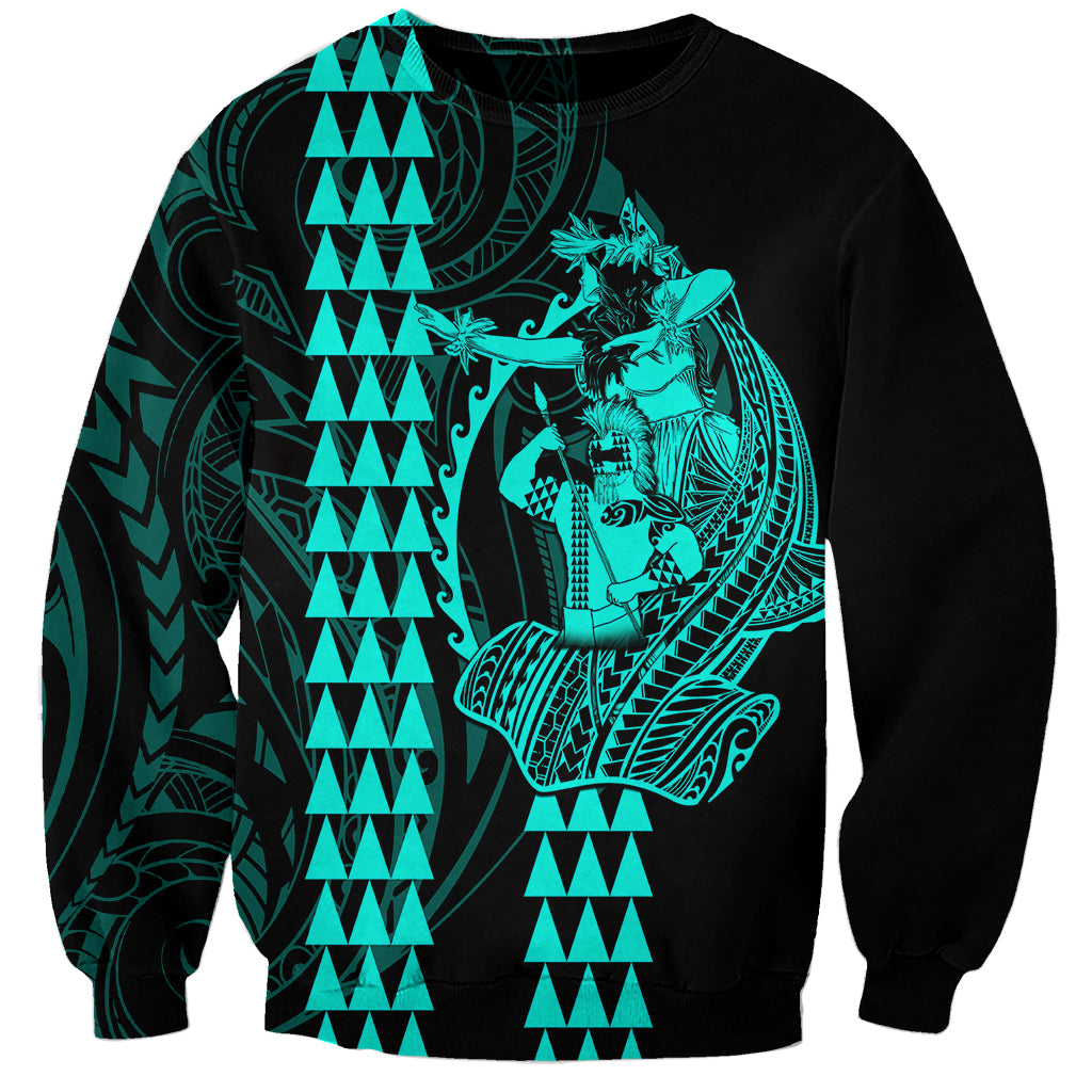 Polynesian Sweatshirt Hawaiian Warrior and Aloha Girl With Hammerhead Shark Tattoos Turquoise LT6 Unisex Green - Polynesian Pride