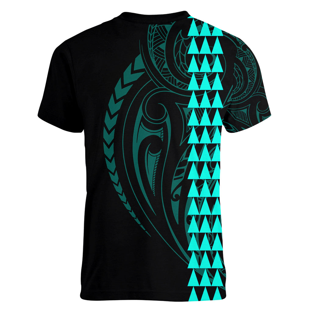 Polynesian Women V Neck T Shirt Hawaiian Warrior and Aloha Girl With Hammerhead Shark Tattoos Turquoise LT6 - Polynesian Pride