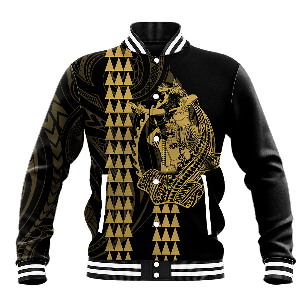 Polynesian Baseball Jacket Hawaiian Warrior and Aloha Girl With Hammerhead Shark Tattoos Gold LT6 Unisex Gold - Polynesian Pride
