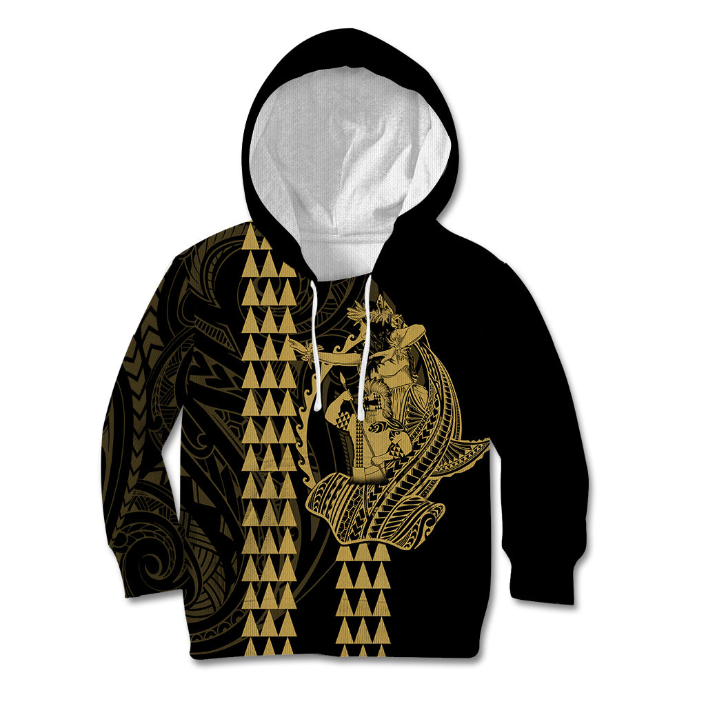 Polynesian Kid Hoodie Hawaiian Warrior and Aloha Girl With Hammerhead Shark Tattoos Gold LT6 Hoodie Gold - Polynesian Pride