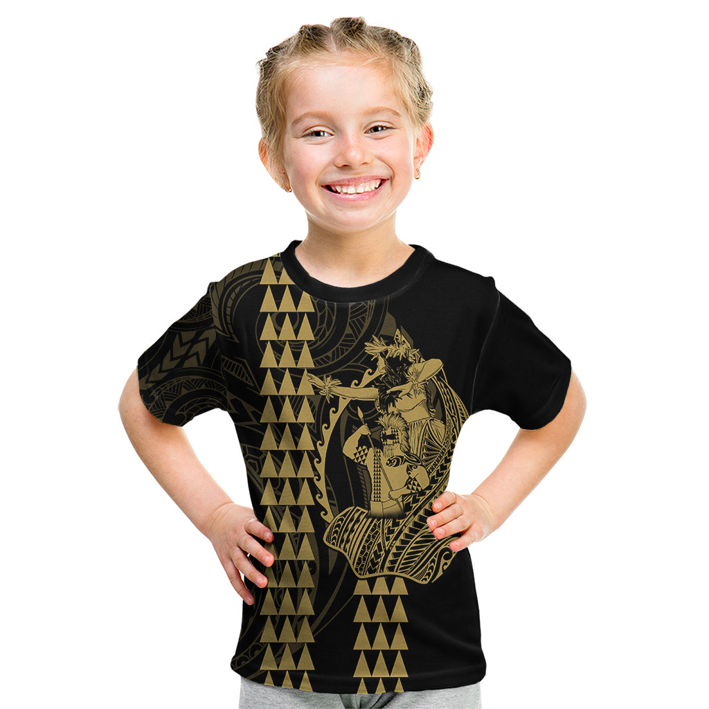 Polynesian Kid T Shirt Hawaiian Warrior and Aloha Girl With Hammerhead Shark Tattoos Gold LT6 Gold - Polynesian Pride