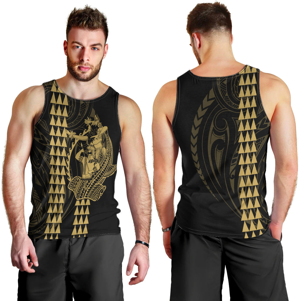 Polynesian Men Tank Top Hawaiian Warrior and Aloha Girl With Hammerhead Shark Tattoos Gold LT6 - Polynesian Pride