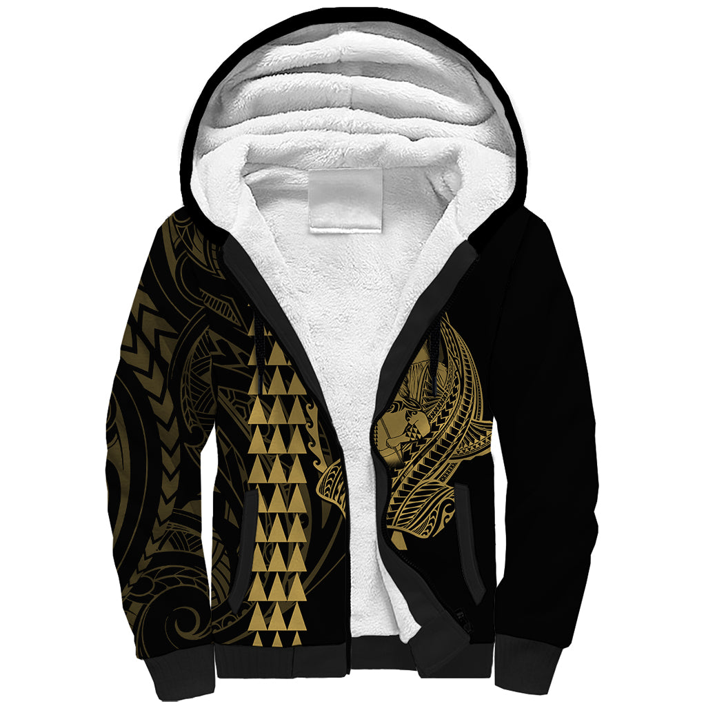 Polynesian Sherpa Hoodie Hawaiian Warrior and Aloha Girl With Hammerhead Shark Tattoos Gold LT6 Unisex Gold - Polynesian Pride