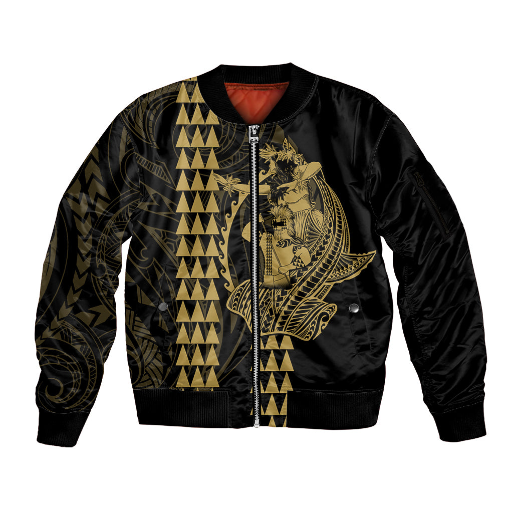 Polynesian Sleeve Zip Bomber Jacket Hawaiian Warrior and Aloha Girl With Hammerhead Shark Tattoos Gold LT6 Unisex Gold - Polynesian Pride