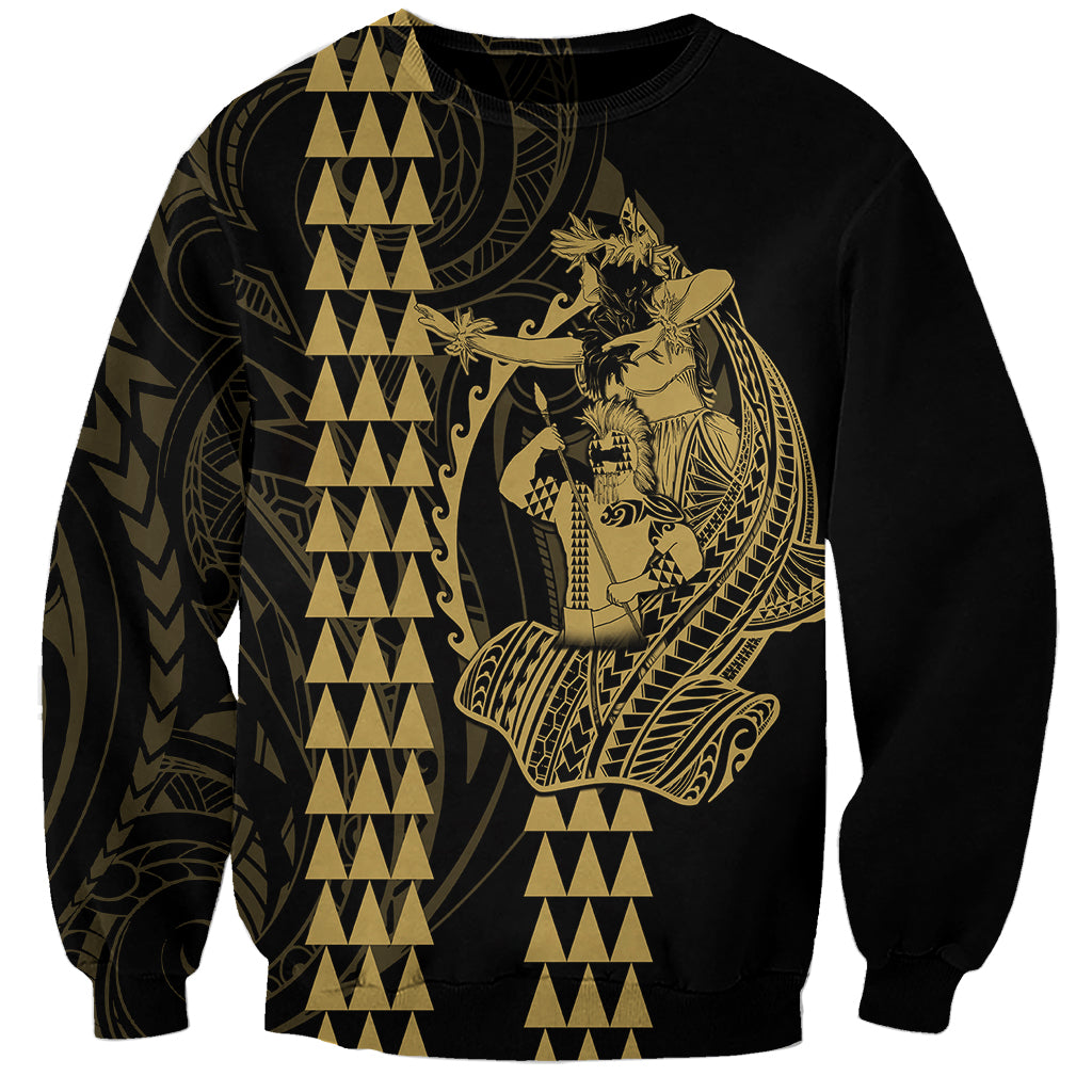 Polynesian Sweatshirt Hawaiian Warrior and Aloha Girl With Hammerhead Shark Tattoos Gold LT6 Unisex Gold - Polynesian Pride