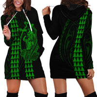 Polynesian Hoodie Dress Hawaiian Warrior and Aloha Girl With Hammerhead Shark Tattoos Green LT6 - Polynesian Pride