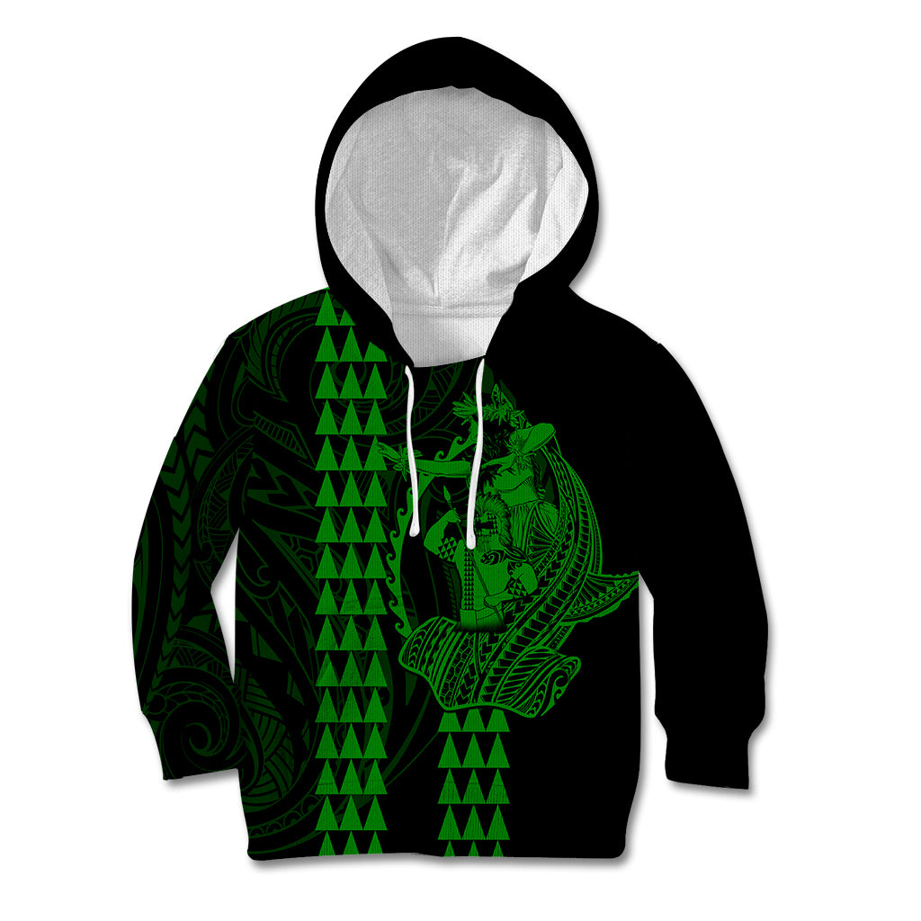 Polynesian Kid Hoodie Hawaiian Warrior and Aloha Girl With Hammerhead Shark Tattoos Green LT6 Hoodie Green - Polynesian Pride
