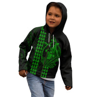 Polynesian Kid Hoodie Hawaiian Warrior and Aloha Girl With Hammerhead Shark Tattoos Green LT6 - Polynesian Pride