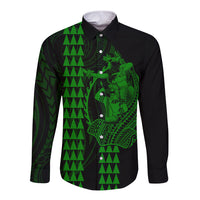 Polynesian Long Sleeve Button Shirt Hawaiian Warrior and Aloha Girl With Hammerhead Shark Tattoos Green LT6 Unisex Green - Polynesian Pride