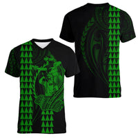 Polynesian Women V Neck T Shirt Hawaiian Warrior and Aloha Girl With Hammerhead Shark Tattoos Green LT6 - Polynesian Pride