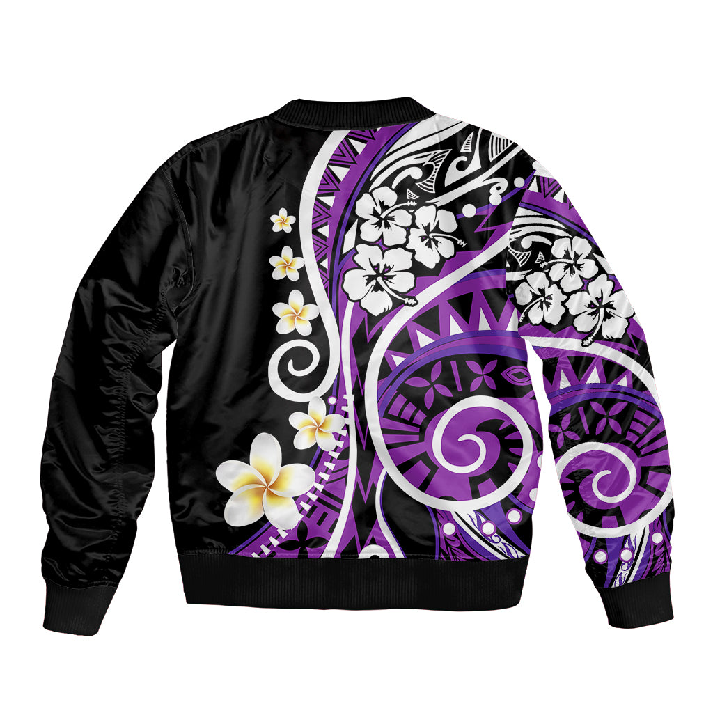 Plumeria Polynesian Sleeve Zip Bomber Jacket Trending Purple LT6 - Polynesian Pride