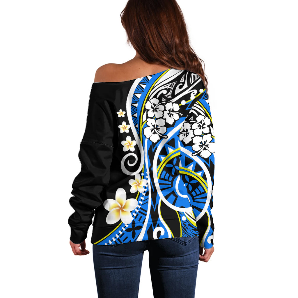 Plumeria Polynesian Off Shoulder Sweater Trending Blue LT6 - Polynesian Pride