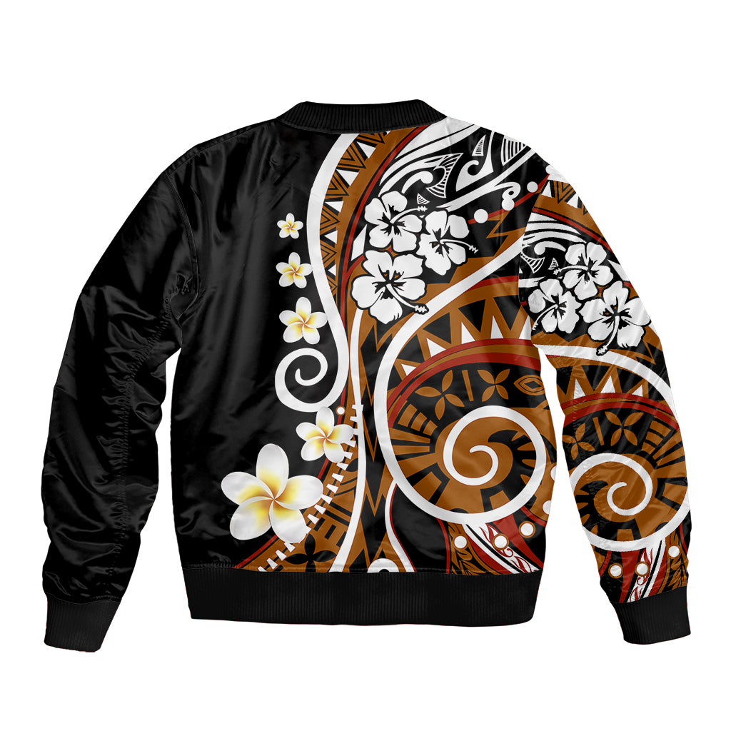 Plumeria Polynesian Sleeve Zip Bomber Jacket Trending Brown LT6 - Polynesian Pride