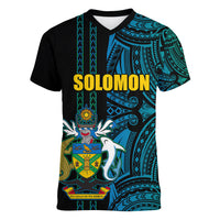 Custom Solomon Islands Women V Neck T Shirt Polynesian Tribal LT6 Female Blue - Polynesian Pride