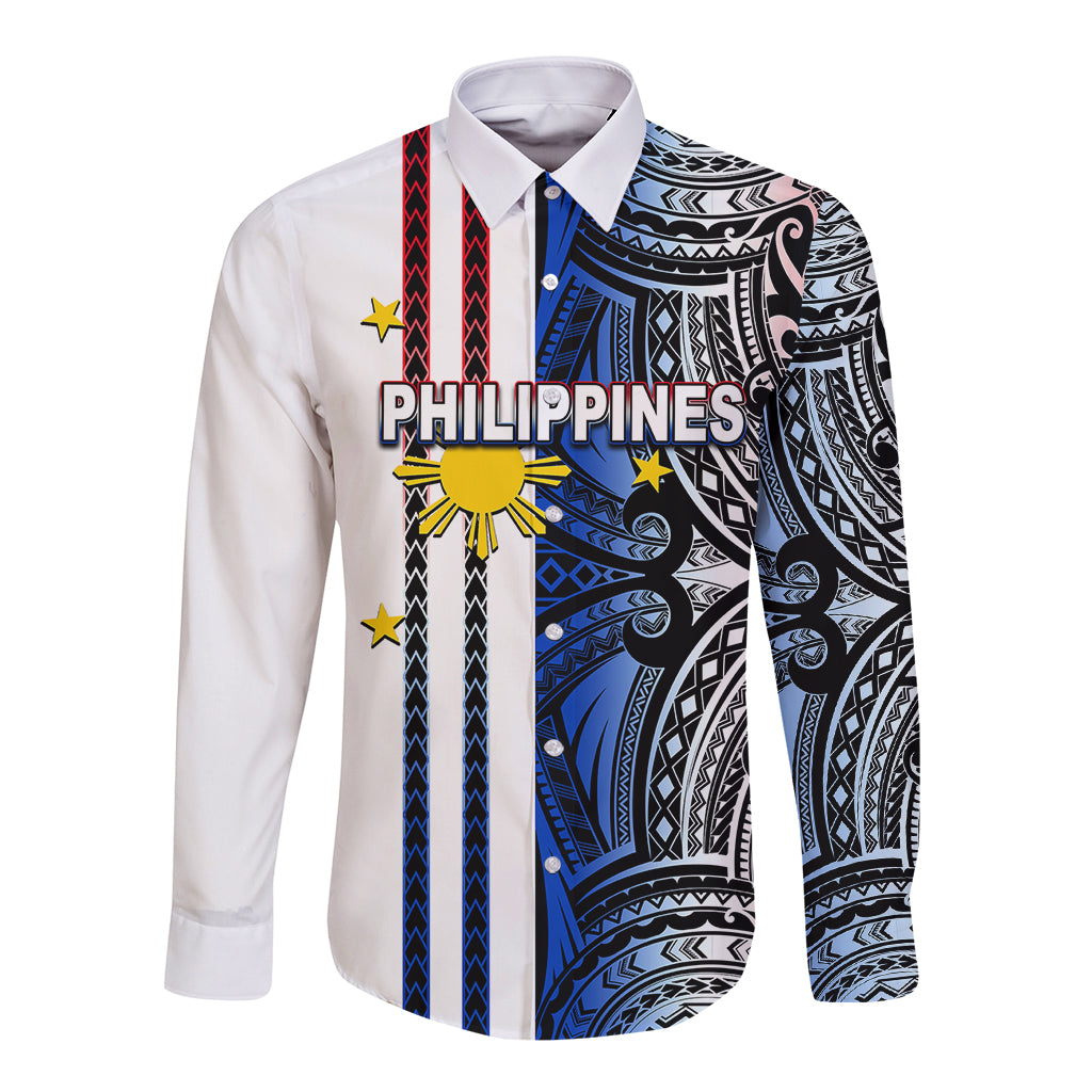 Custom Philippines Long Sleeve Button Shirt Polynesian Tribal White LT6 Unisex White - Polynesian Pride