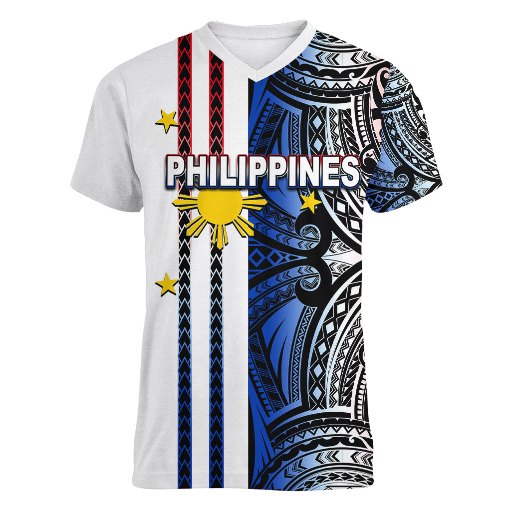 Custom Philippines Women V Neck T Shirt Polynesian Tribal White LT6 Female White - Polynesian Pride