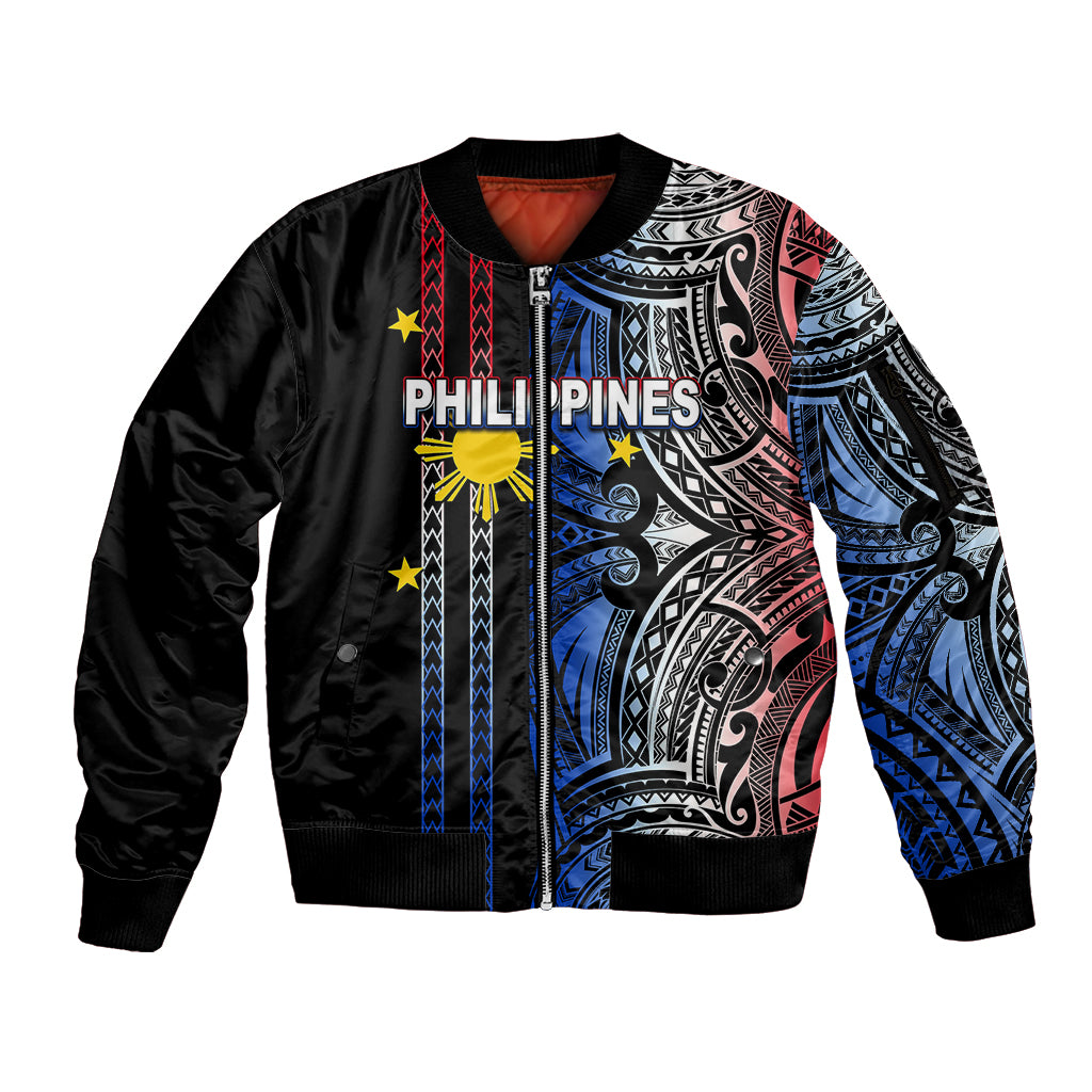 Custom Philippines Sleeve Zip Bomber Jacket Polynesian Tribal Black LT6 Unisex Black - Polynesian Pride