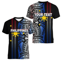 Custom Philippines Women V Neck T Shirt Polynesian Tribal Black LT6 - Polynesian Pride